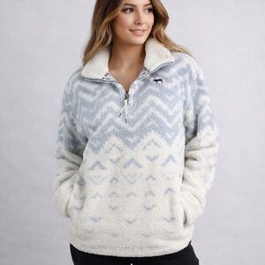 PINK Sherpa Quarter-Zip Pullover Sweater Women’s Size L Blue White